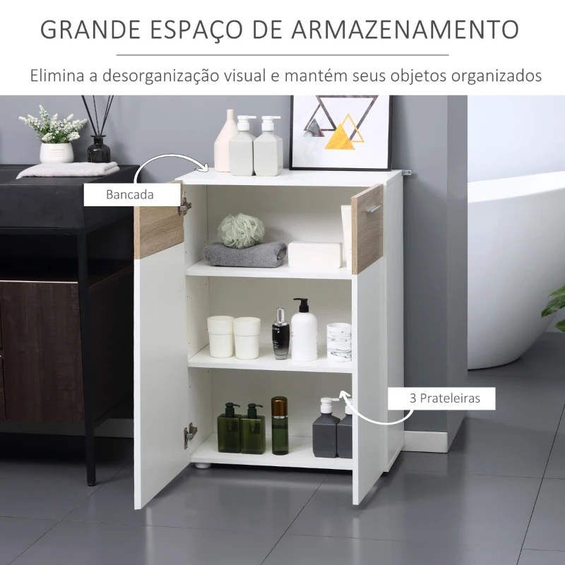 Kleankin Armário Casa de Banho com 2 Portas e Prateleiras Interiores Ajustáveis Móvel Auxiliar de Madeira Multiuso para Sala de Estar Cozinha Sala de Jantar 60x30x85cm Branco e Madeira Natural