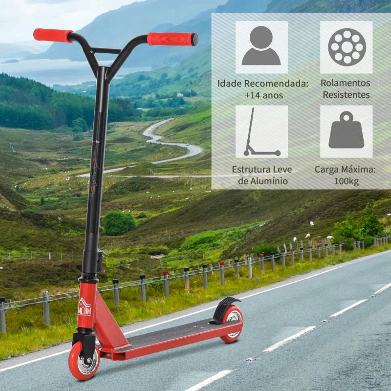 HOMCOM Trotinete de Acrobacias e Saltos Trotinete Freestyle para Adolecentes acima de 14 anos e Adultos Carga 100kg 68x46x84cm Vermelho