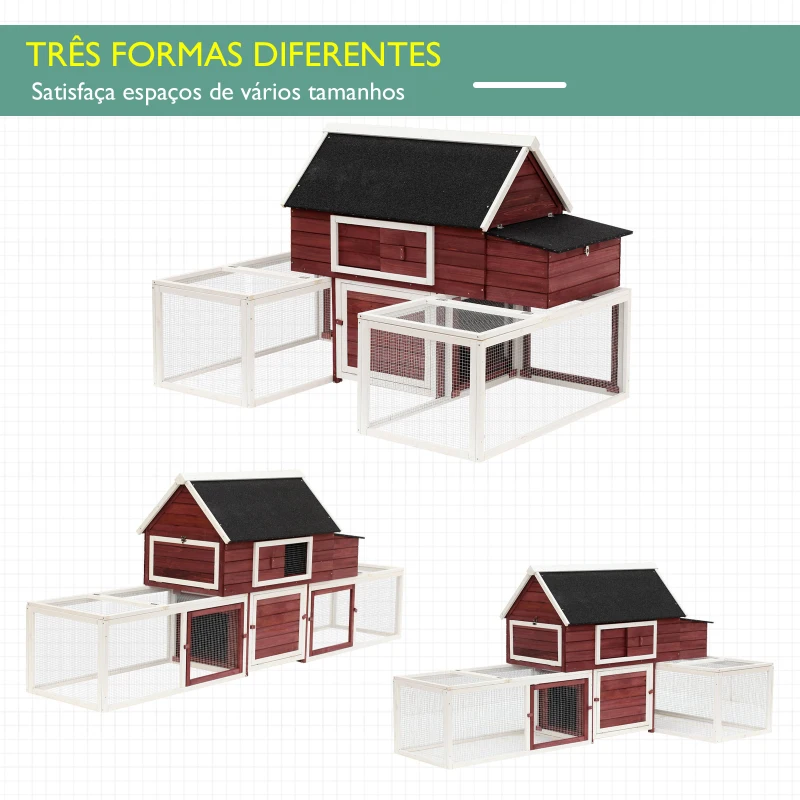 PawHut Galinheiro externo de madeira com 2 gabinetes para execução rampa e ninho com telhado de asfalto 290x71x119 cm Vermelho