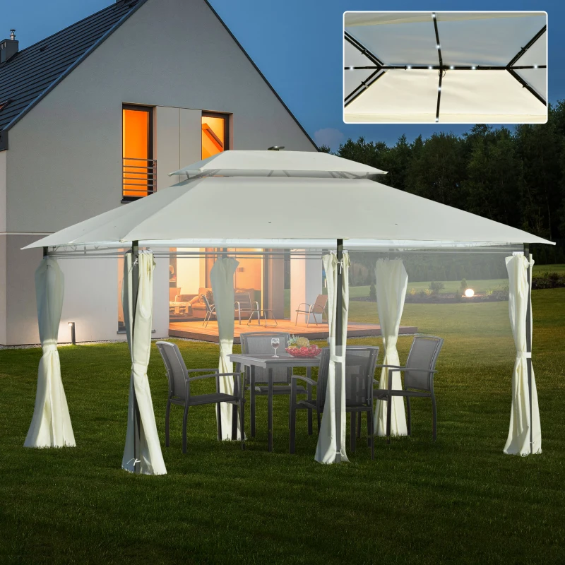 Outsunny Pérgola de jardim 4x3 m com teto duplo 6 cortinas laterais luz LED com painel solar para pátio terraço cor creme