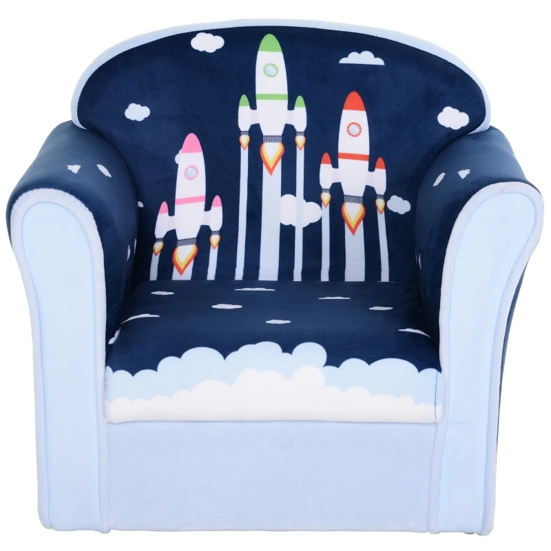 HOMCOM Poltrona para Crianças acima de 3 Anos com Desenhos de Foguete Estrutura de Madeira e Estofado em Flanela 50x39x44 cm Azul