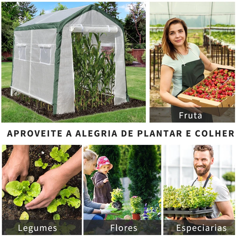 Outsunny Estufa de jardim Túnel com 4 janelas e porta de enrolar Cobertura de PE e estrutura de aço 240x180x200cm branco