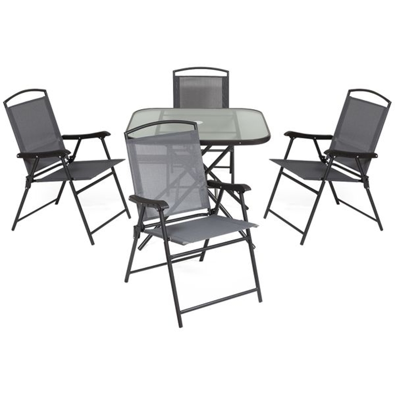 Outsunny Conjunto de jantar de jardim de 5 peças Cadeiras e mesas dobráveis com orifício para guarda-sol cinza e preto
