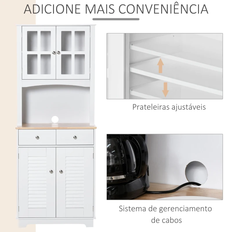 HOMCOM Armário de cozinha  Armário aparador com 2 portas  2 gavetas e prateleira aberta para microondas 68x39,5x170 cm branco