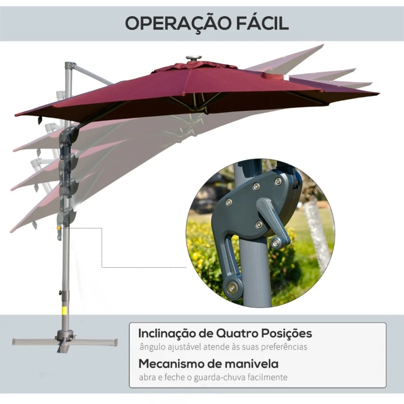 Outsunny Chapéu de Sol Excêntrico Φ300x248cm com Proteção UV 50+ Giratório 360º com Manivela Luzes LED Painel Solar e Teto Reclinável Vinho