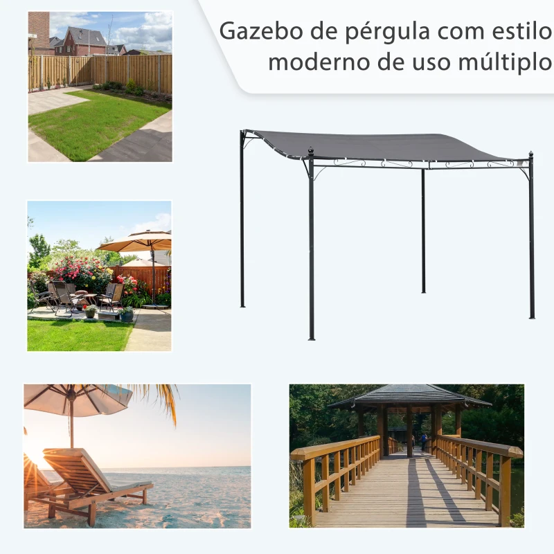 Outsunny Pergola de jardim 2,97x2,97 m com Toldo e 4 Furos de Drenagem Metal e Poliester 180 g / m² Resistente para pátio jardim Cinza