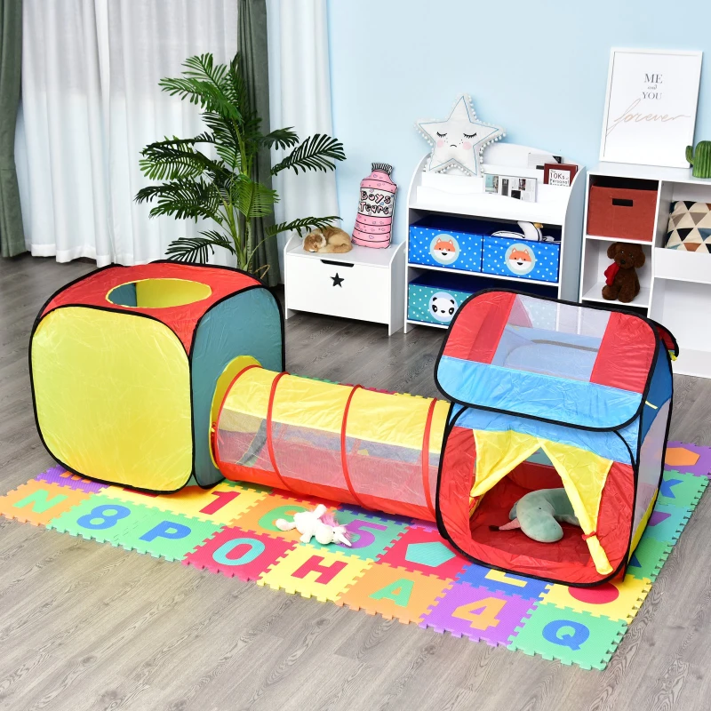 HOMCOM 3 em 1 tenda 1 túnel com 2 tendas Zona infantil e exterior pop-up Poliéster Mais de 3 anos Vermelho Amarelo Azul