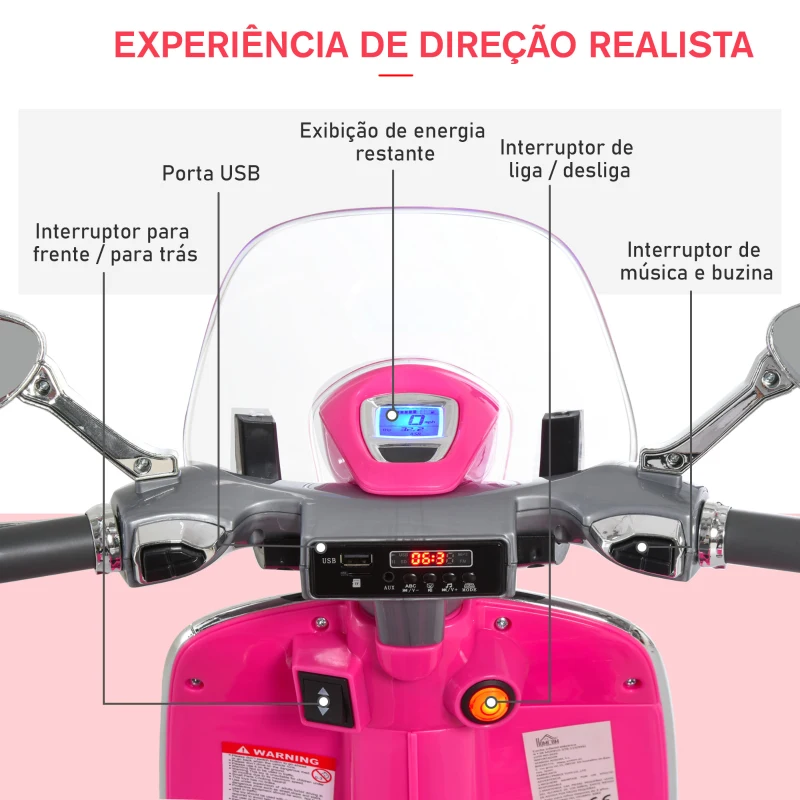 HOMCOM Mota Elétrica Vespa com Faróis Música 2 Rodas Auxiliares para Crianças acima de 3 Anos 108x49x75 cm Rosa