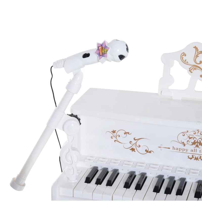 HOMCOM Piano Elétrico Infantil de 37 Teclas Conjunto de Piano com Microfone Banco Luzes e 22 Canções USB/MP3/Bluetooth Karaokê 53,5x27x63cm Branco
