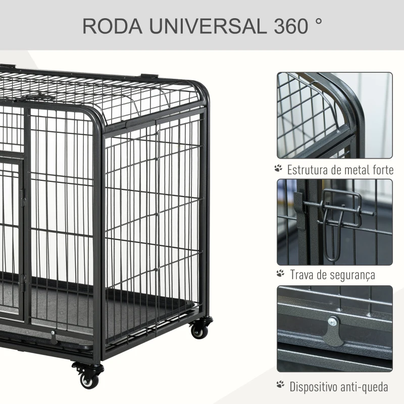 PawHut Gaiola dobrável de metal com rodas e freios Bandeja  removível e porta com travas125x76x81 cm Cinza escuro