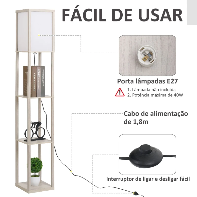 HOMCOM Candeeiro de Pé de Madeira com 3 Prateleiras De Armazenamento para Lâmpada E27 Potência Máx. 40W Candeeiro Moderno para Sala de Estar Dormitório 26x26x160cm Carvalho e Branco