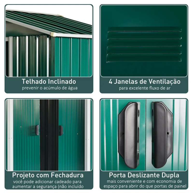 Outsunny Galpão de jardim 2,2 m² Galpão de armazenamento de ferramentas de aço galvanizado com porta deslizante 194x110x184 cm Verde