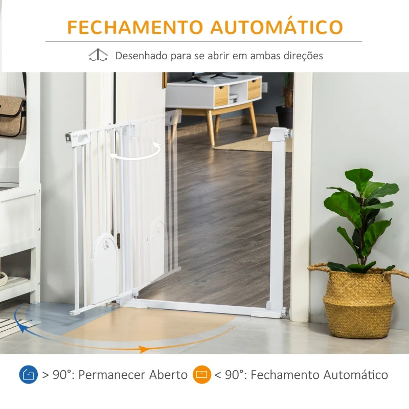 PawHut Barreira de Segurança de Cães Animais de Estimação para Escadas e Portas 75-103cm com 2 Extensões Fechamento Automático e Sistema de Duplo Bloqueio Aço Branco