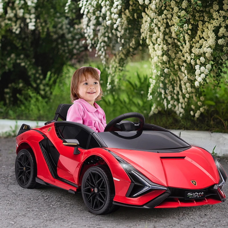 HOMCOM Carro Elétrico Lamborghini SIAN 12V para Crianças de 3-5 anos com Controle Remoto Abertura da Porta Música MP3 USB e Faróis 108x62x40cm Vermelho