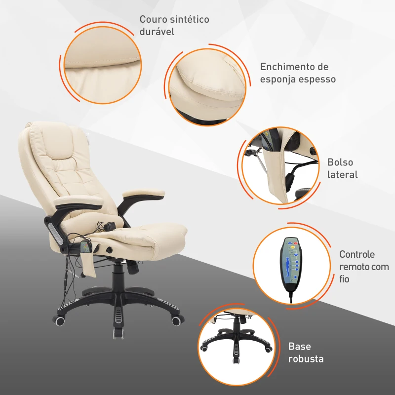 HOMCOM Cadeira de Escritório e de Secretária Tipo Poltrona Giratória Reclinável e Elevável Creme Amarelo