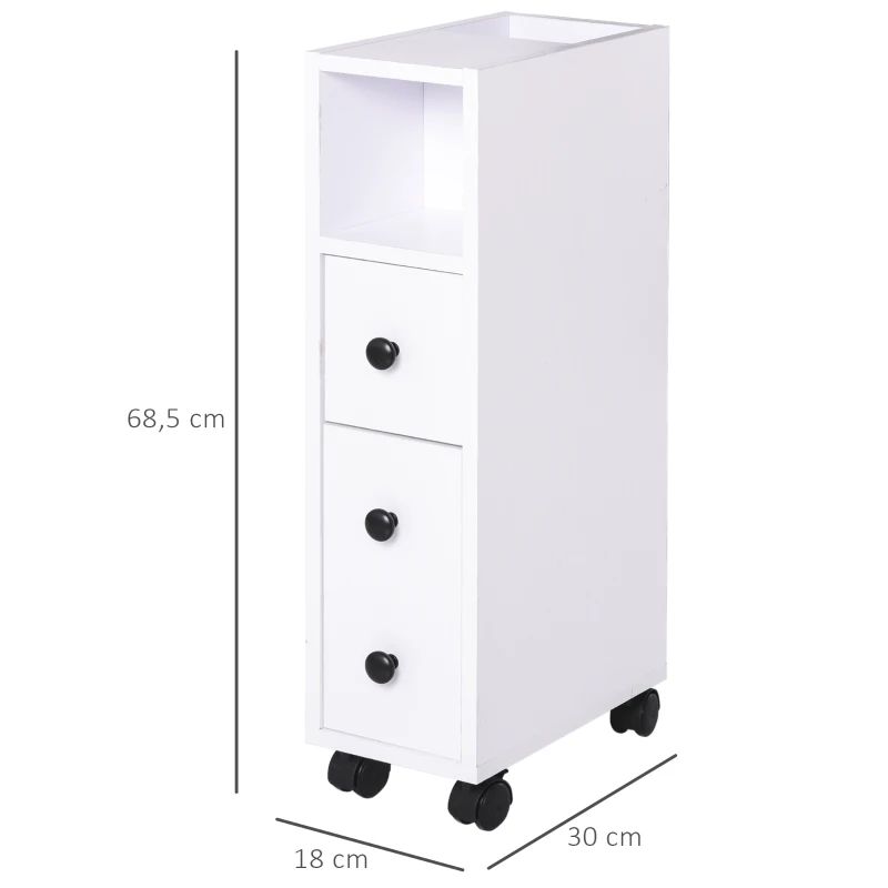 Kleankin Armário de Casa de Banho Móvel Auxiliar para Espaço Reduzido com Rodas Prateleiras Abertas Armário e Gaveta 18x30x68,5cm Branco