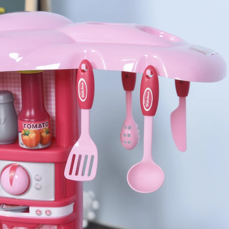HOMCOM Conjunto de jogo de cozinha para crianças acima de 3 anos Brinquedo de jogos de papéis 38peças com função de luz e som  51 x 30 x 73 cm  rosa