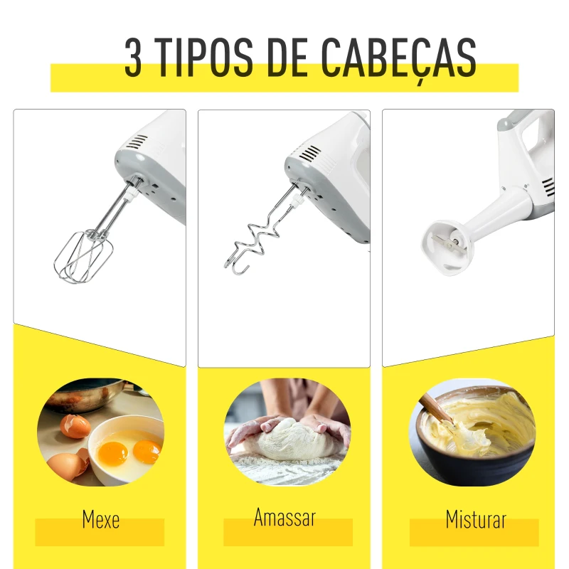 HOMCOM Batedeira de Pastelaria Profissional Multifuncional Robô de Cozinha 3.4 litros com 6 velocidades Inclui 3 cabeças 300 W de aço inoxidável branco