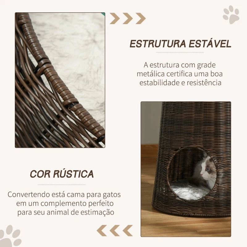 PawHut Cesta de Vime para Gatos Cama Caverna de 2 Níveis com Almofadas Laváveis Ø45x50cm Marrom
