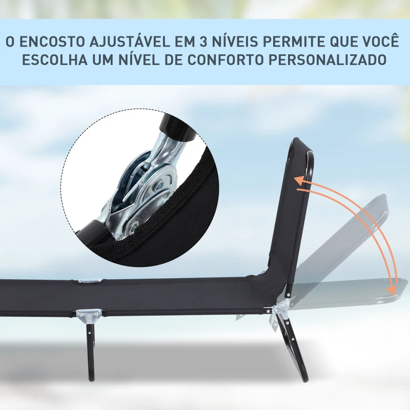 Outsunny Espreguiçadeira dobrável reclinável com ângulo ajustável de 3 posições para exterior carga 120 kg 190x56x28 cm Preto