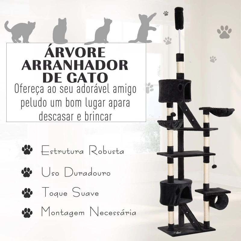 PawHut Árvore arranhador para Gatos com Altura Ajustável Plataformas Múltiplas Caverna Cestas e Escadas em Sisal Natural e Pelúcia 60x45x240-260 cm Cinza Escuro