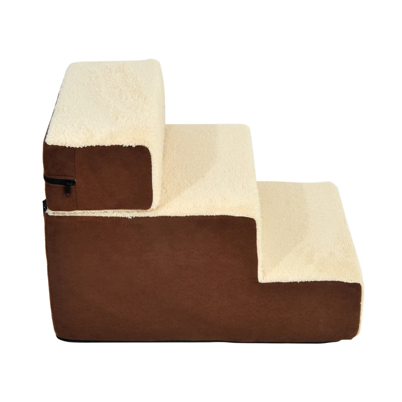 PawHut Escada de 3 degraus para animais de estimação Cães Gatos destacável e capa removível portátil Carga 5 kg 54x40x39 cm Marrom e bege