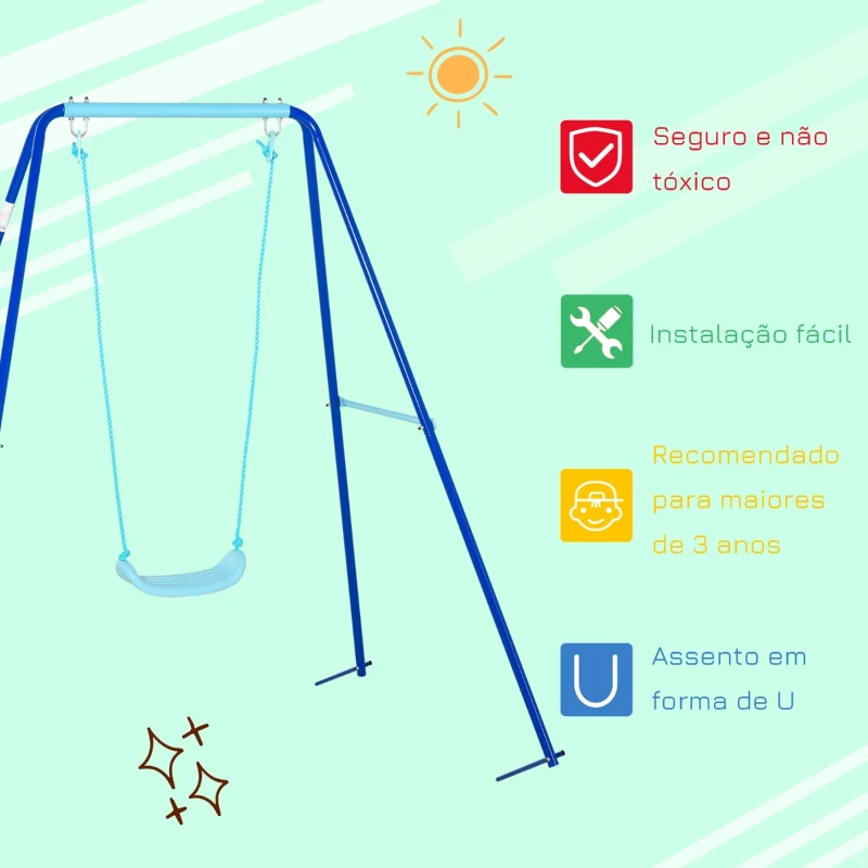 Outsunny Baloiço de Metal para Crianças acima de 3 Anos Conjunto de Baloiço com Assento e Corda Infantil para Pátio Jardim Carga Máx. 30 kg 140x120x170 cm Azul