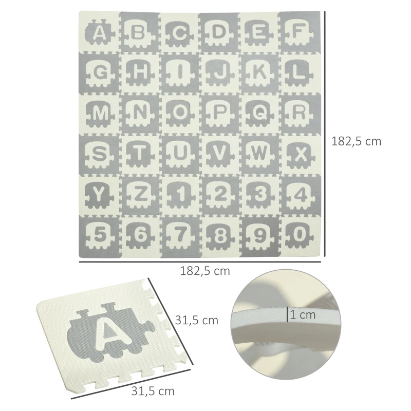 HOMCOM Tapete Puzzle para Bebés 36 Peças 31,5x31,5cm com 26 Letras (A-Z) e Números 0 ao 9 Quebra Cabeça Infantil de 3,24m² Espuma EVA Suave Cinza e Branco