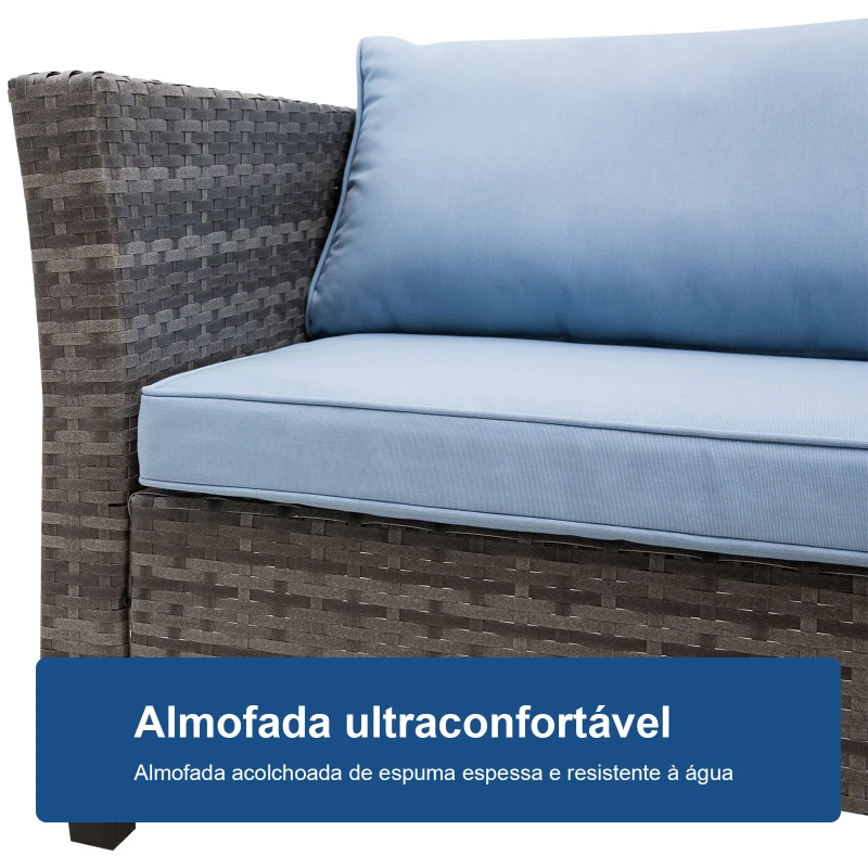 Outsunny Conjunto de Móveis de Vime 4 Peças com Mesa de Centro com Bancada de Vidro Temperado e Apoio para os Pés Cinza e Azul