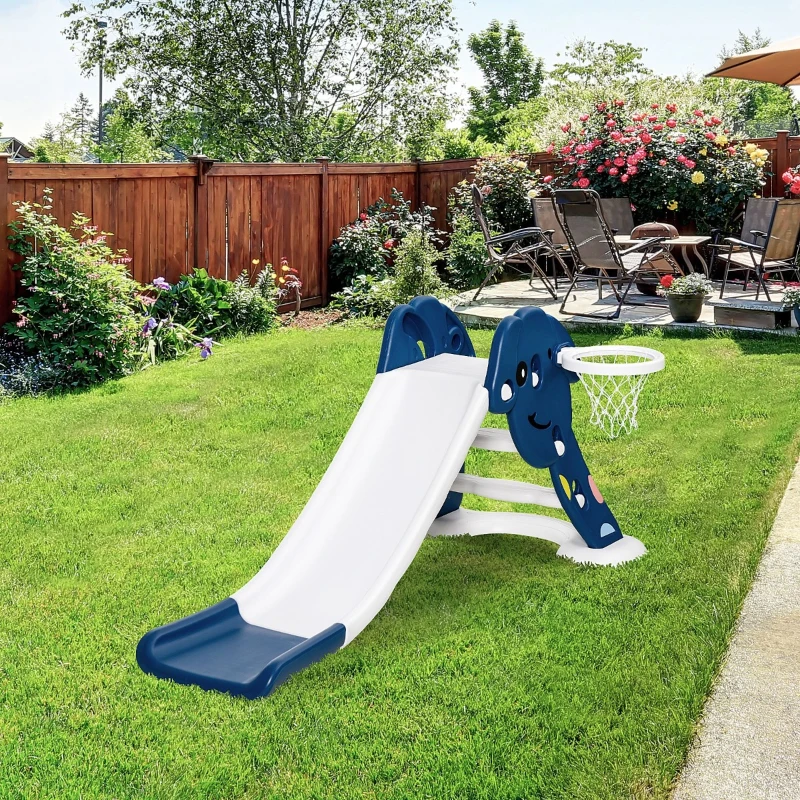 HOMCOM Escorrega infantil para crianças de 2 anos com cesta de basquete Carga 25 kg 160x35x68 cm azul e branco