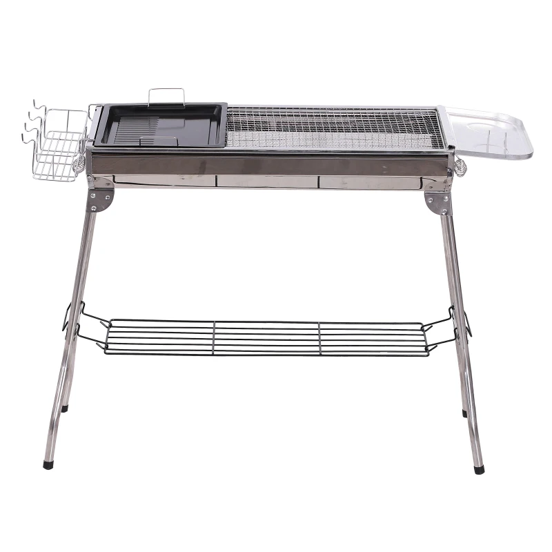 Outsunny Barbecue a Carvão Portátil Dobrável com Prateleiras de Armazenamento para Jardim Exterior Campismo 104x33x70 cm Prata