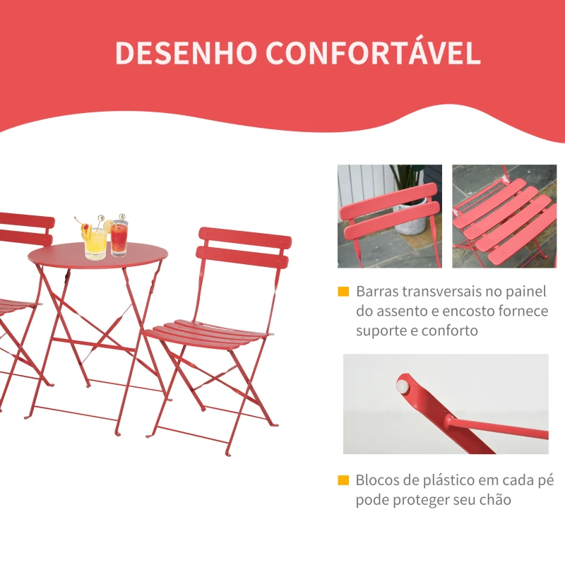 Outsunny Conjunto de móveis de jardim dobrável de 3 peças Mesa de metal e 2 cadeiras Ø60x71 cm vermelho