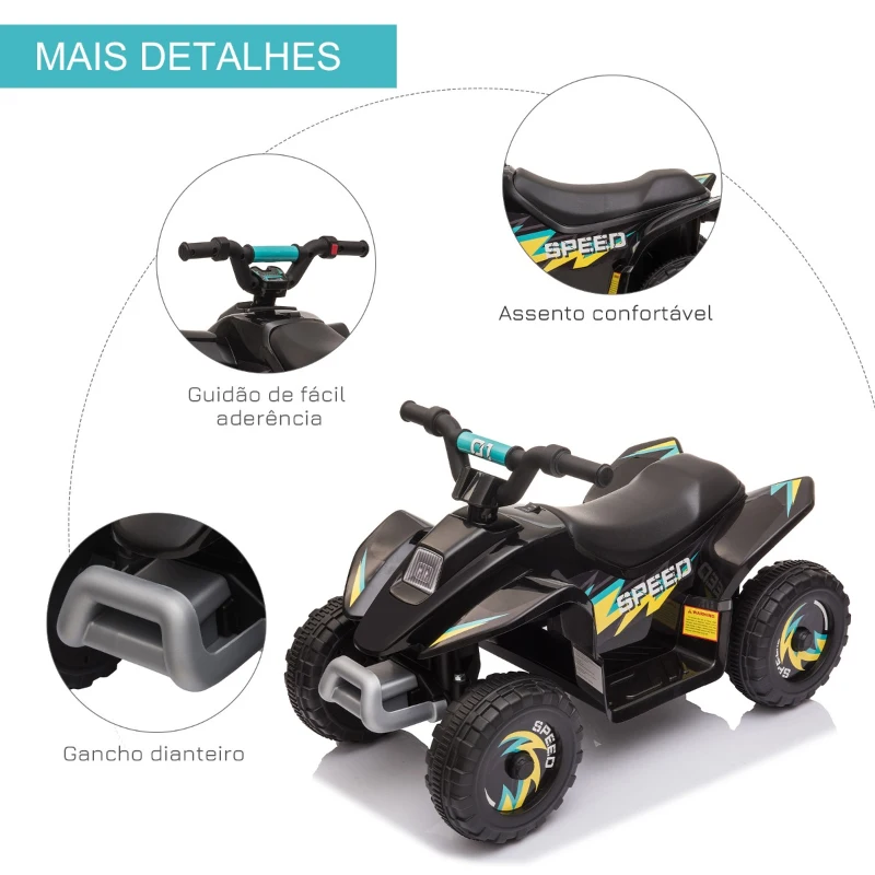 HOMCOM Quadriciclo Elétrico para Crianças de 18-36 Meses Quadriciclo a Bateria 6V com Avance e Retrocesso 72x40x45,5cm Preto