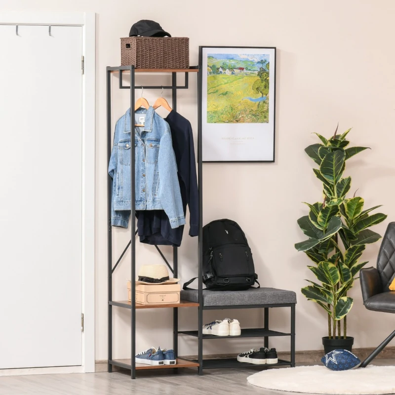 HOMCOM Móvel Cabide de Entrada com Sapateira Banco e Prateleiras Armário de Entrada com Cabides 104,5x42x180,5cm Marrom e Preto