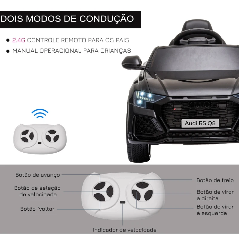 HOMCOM Carro Elétrico Infantil para Crianças de 3-5 Anos Licença Audi RS Q8 com Bateria 6V Controle a Distância Música MP3 Buzina e Luzes Velocidade Máx. 3km/h 101x62x51cm Preto