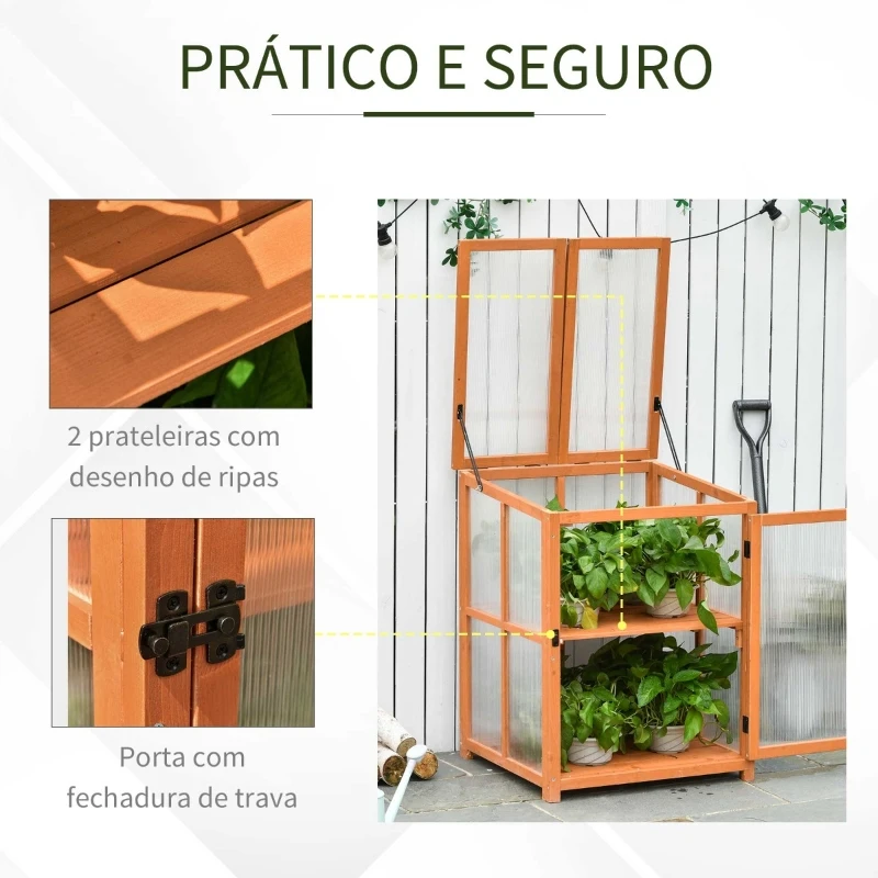 Outsunny Mini Estufa de Jardim de Madeira e Painéis de Policarbonato com 2 Prateleiras Tampa e Portas para Plantas e Cultivos 62x63x82cm Madeira Natural