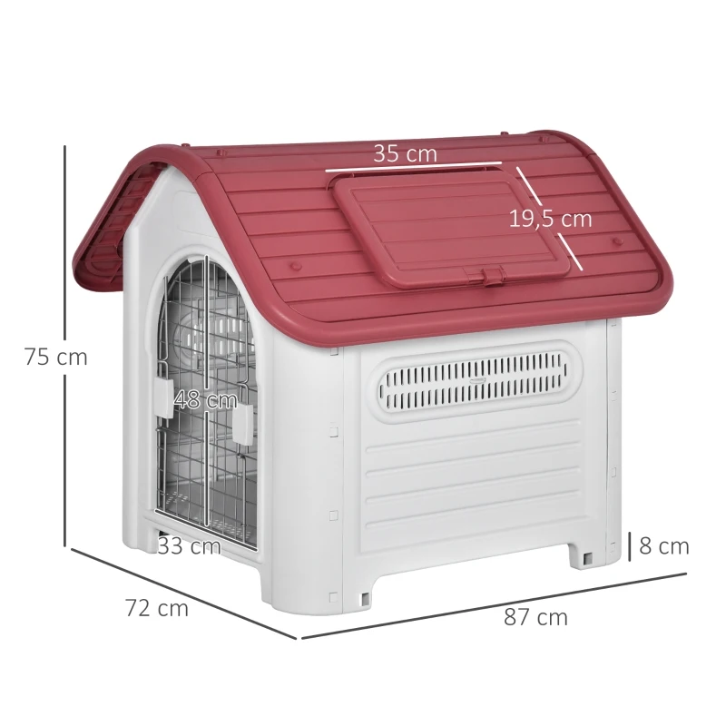 PawHut Casota para Cães com Porta Removível Base Elevada 3 Respiradouros e Janela para Interior e Exterior 72x87x75cm Cinza e Vermelho