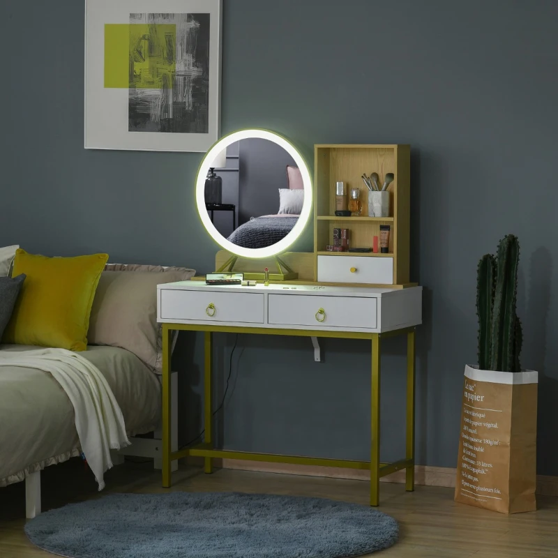HOMCOM Toucador com Espelho e Luz LED Mesa de Maquilhagem com 3 Gavetas e 2 Prateleiras Sensor Tátil para Dormitório Estrutura Metálica Dorada 90x40x125cm Branco e Madeira