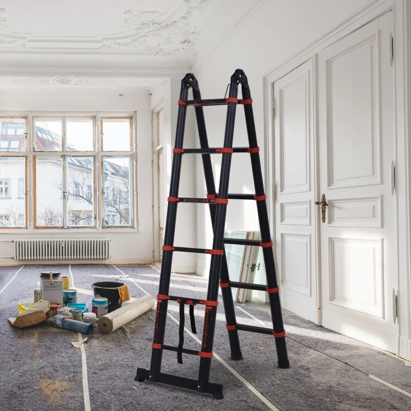 HOMCOM Escada telescópica multifuncional de alumínio de 3,8M 2 formas Estrutura de escalada portátil interna Externa Doméstica Preto