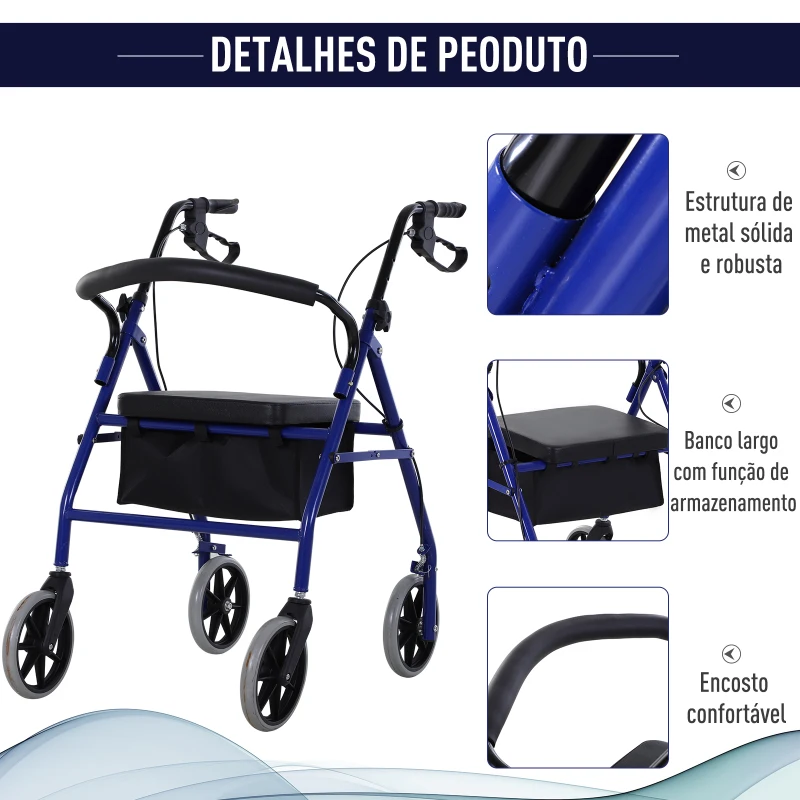 HOMCOM Andador para Adultos Dobrável com Armazenamento Assento e Travão 65x53x79-89cm Azul e Preto