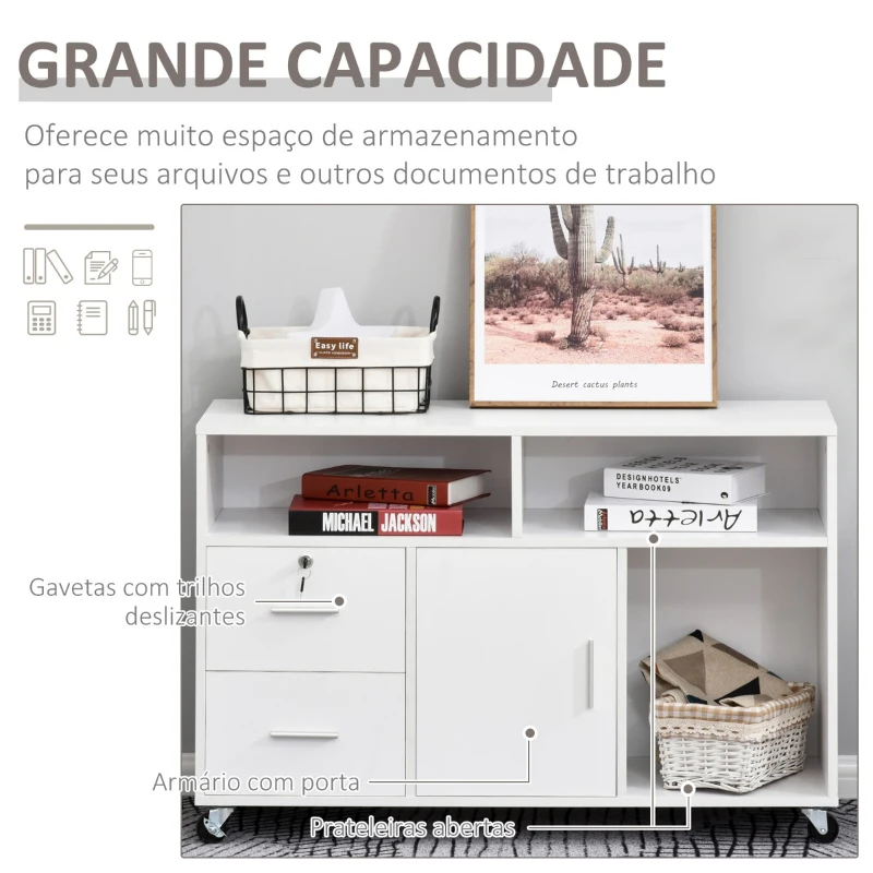 HOMCOM Móvel Auxiliar de Escritório Móvel Arquivador com Rodas Prateleiras Gaveta e Armário Multiuso com Grande Armazenamento 100x35x65cm Branco