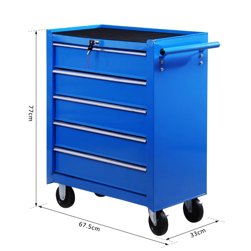 HOMCOM Carrinho de Ferramentas para Oficina com Rodas e 5 Gavetas Fechadura e Alça Lateral 67,5x33x77 cm Vermelho