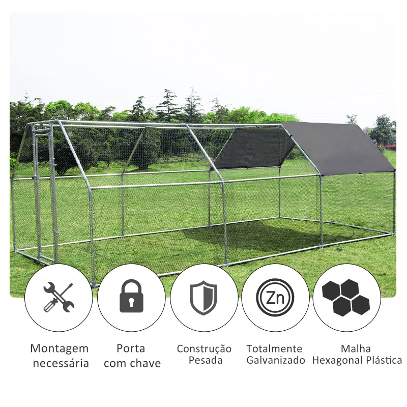 PawHut Galinheiro ao ar livre Gaiola para aves domésticas de metal galvanizado com fechadura e cobertura Oxford 280x570x195cm
