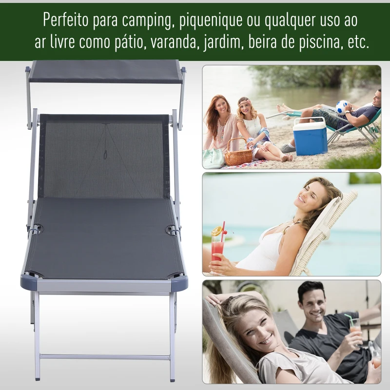 Outsunny Espreguiçadeira Dobrável e Reclinável com Toldo Ajustável em Ângulo Espreguiçadeira para Jardim Terraço Campismo Exterior 169x72x55-72cm Cinza