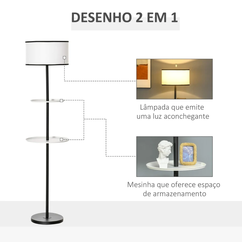 HOMCOM Candeeiro de Pé Moderno com 2 Mesinhas Auxiliares Suporte para Lâmpada E27 Máx. 40W e Interruptor de Pé para Sala de Estar Dormitório Estúdio Ø40x170cm Preto e Branco