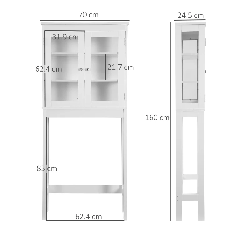 kleankin Armário de banheiro sobre vaso sanitário Armário alto para máquina de lavar com portas de vidro e prateleira interna ajustável 70x24,5x160 cm Branco