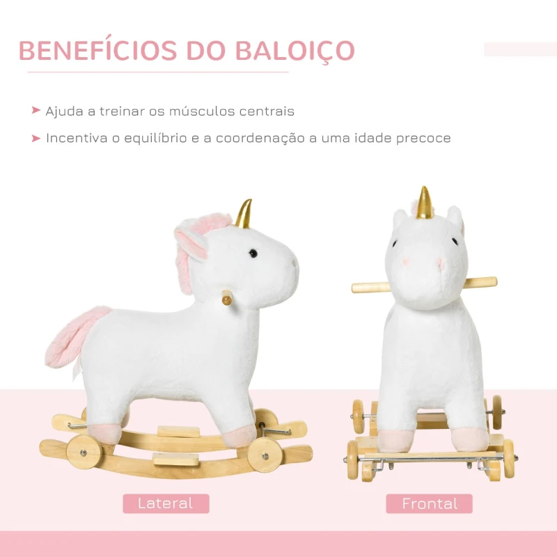 HOMCOM Baloiço Infantil em Forma de Unicornio para Crianças acima de 3 Anos Baloiço 2 em 1 com Rodas e Sons 45kg 63x38x63cm Branco
