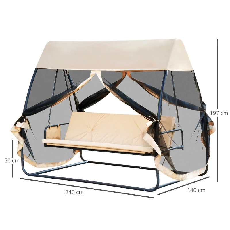 Outsunny Baloiço de Jardim de 3 Lugares Convertível em Cama com Rede Mosquiteira para Terraço Balcão Exterior Carga Máxima 300kg 240x140x197cm Creme