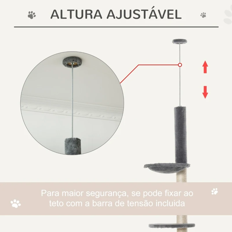 PawHut Árvore Arranhador para Gatos para Fixar ao Teto Altura Ajustável 238-270cm com Rede Caverna Rampa Bola pendurada 60x40x270cm Cinza Claro