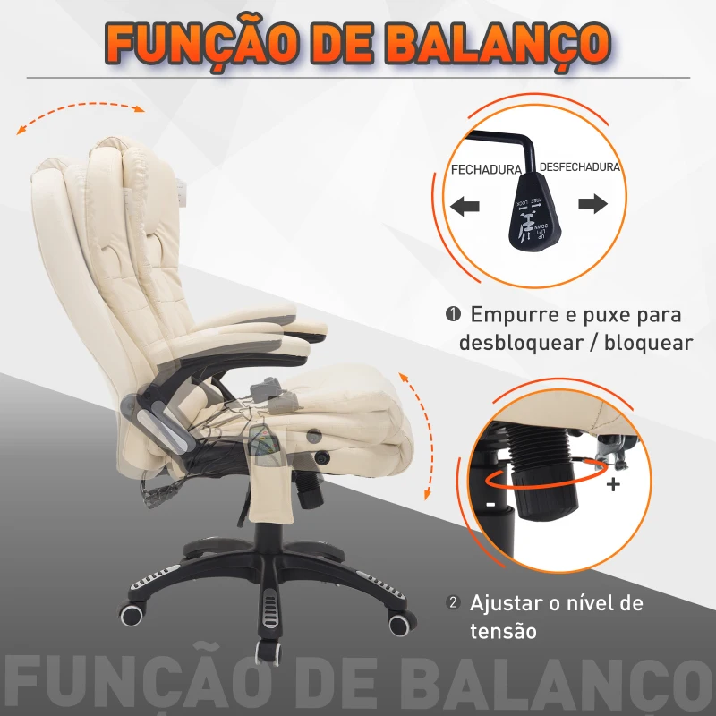 HOMCOM Cadeira de Escritório e de Secretária Tipo Poltrona Giratória Reclinável e Elevável Creme Amarelo
